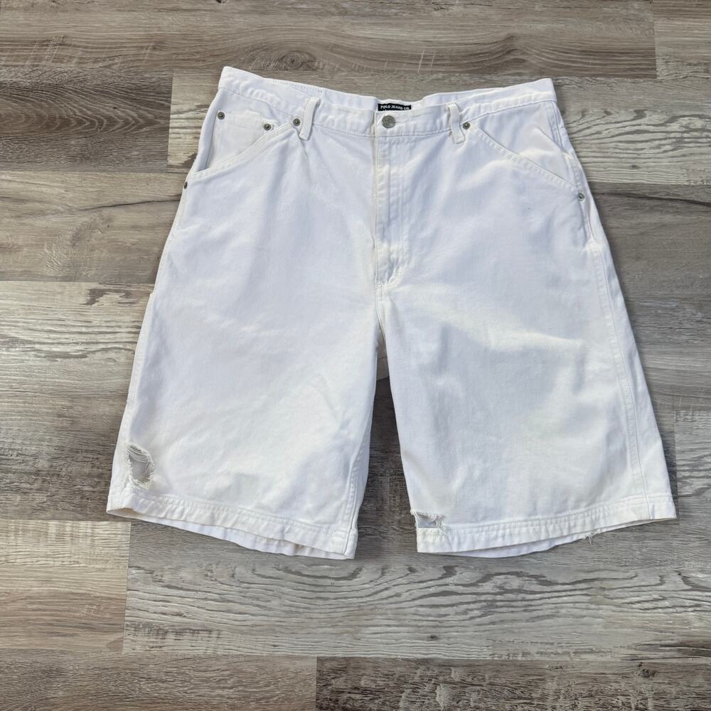 Vintage 90s Polo Ralph Lauren White Denim Work Shorts Jorts USA Flag Size 36
